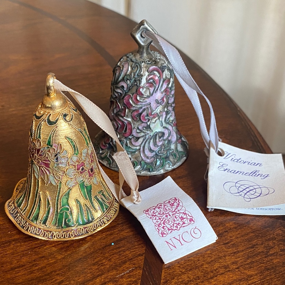 Pair of Vintage NYCO Cloisonné Bell Ornaments with Tags